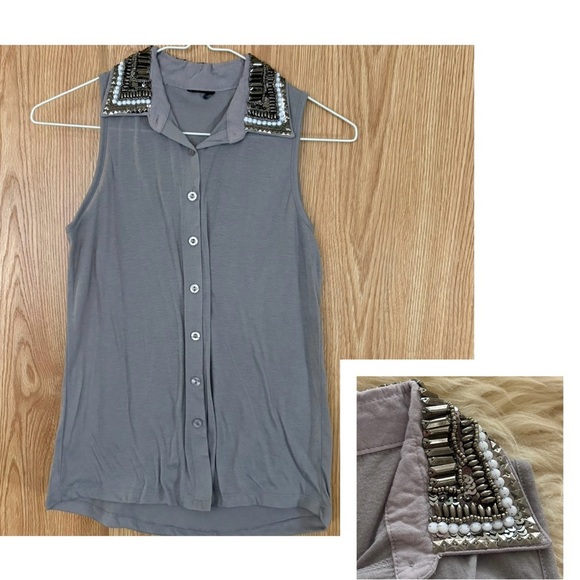 Tops - Gray Sleeveless Beaded Sequined Embellished Button Down Soft Tee Blouse